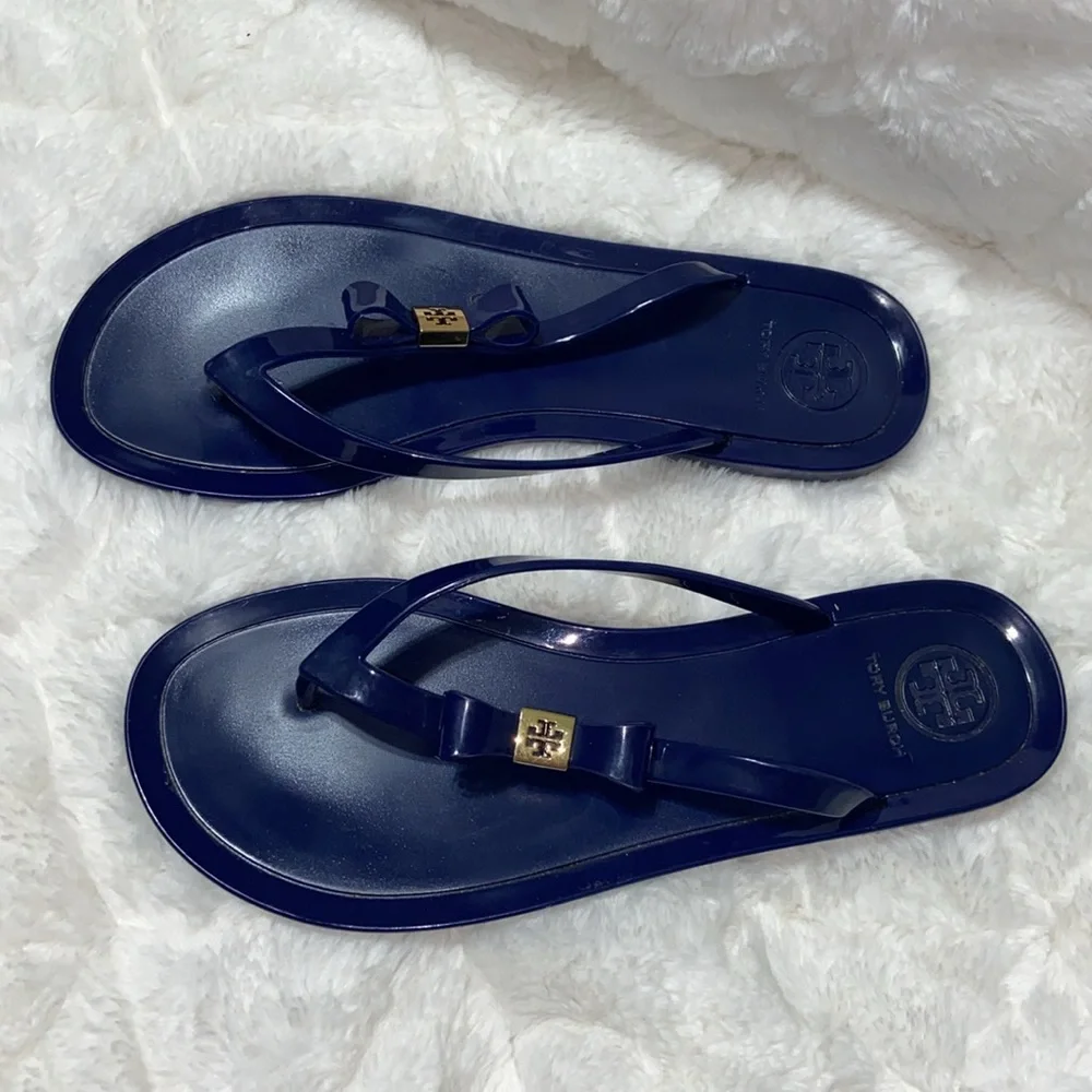 TORY BURCH Michaela Bow Blue Jelly Flip Flops Sz 8